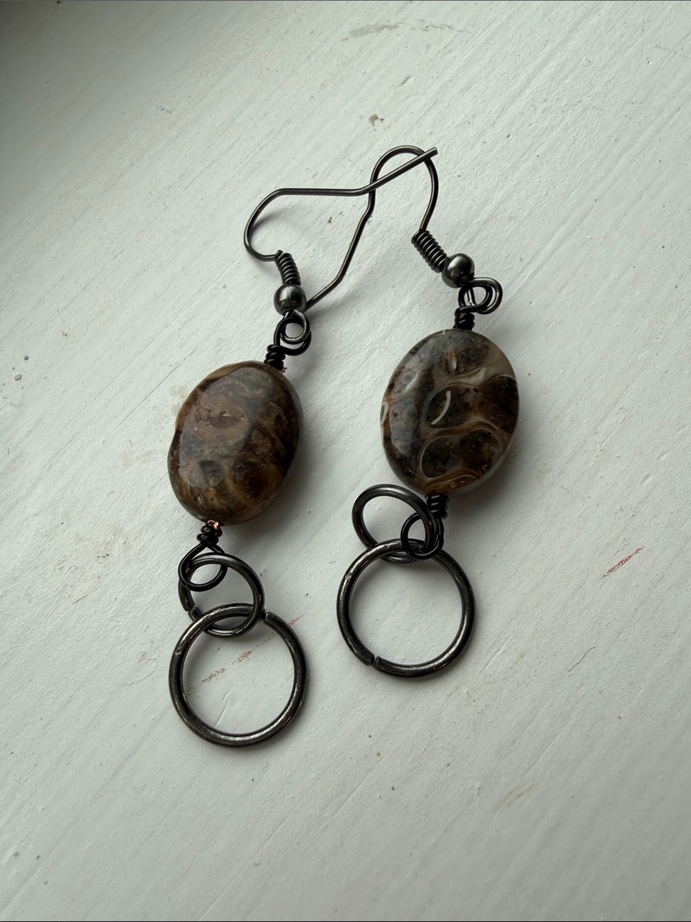 Handcrafted Brown Fossil Stone Drop Earrings